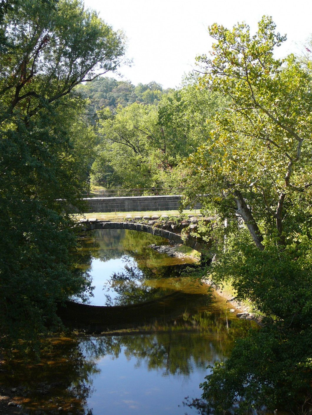 Wooded stream with a small stone bridge reflecting in calm water