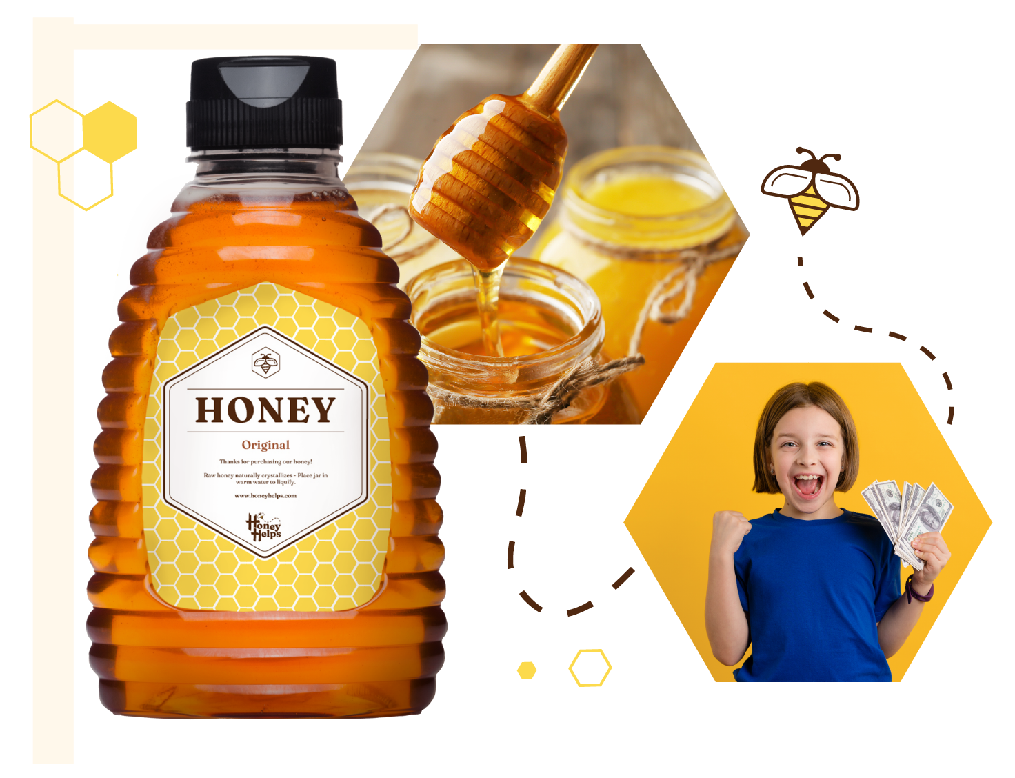 Honey Helps raw honey bottle with honey dipper jars and a happy child celebrating fundraising success