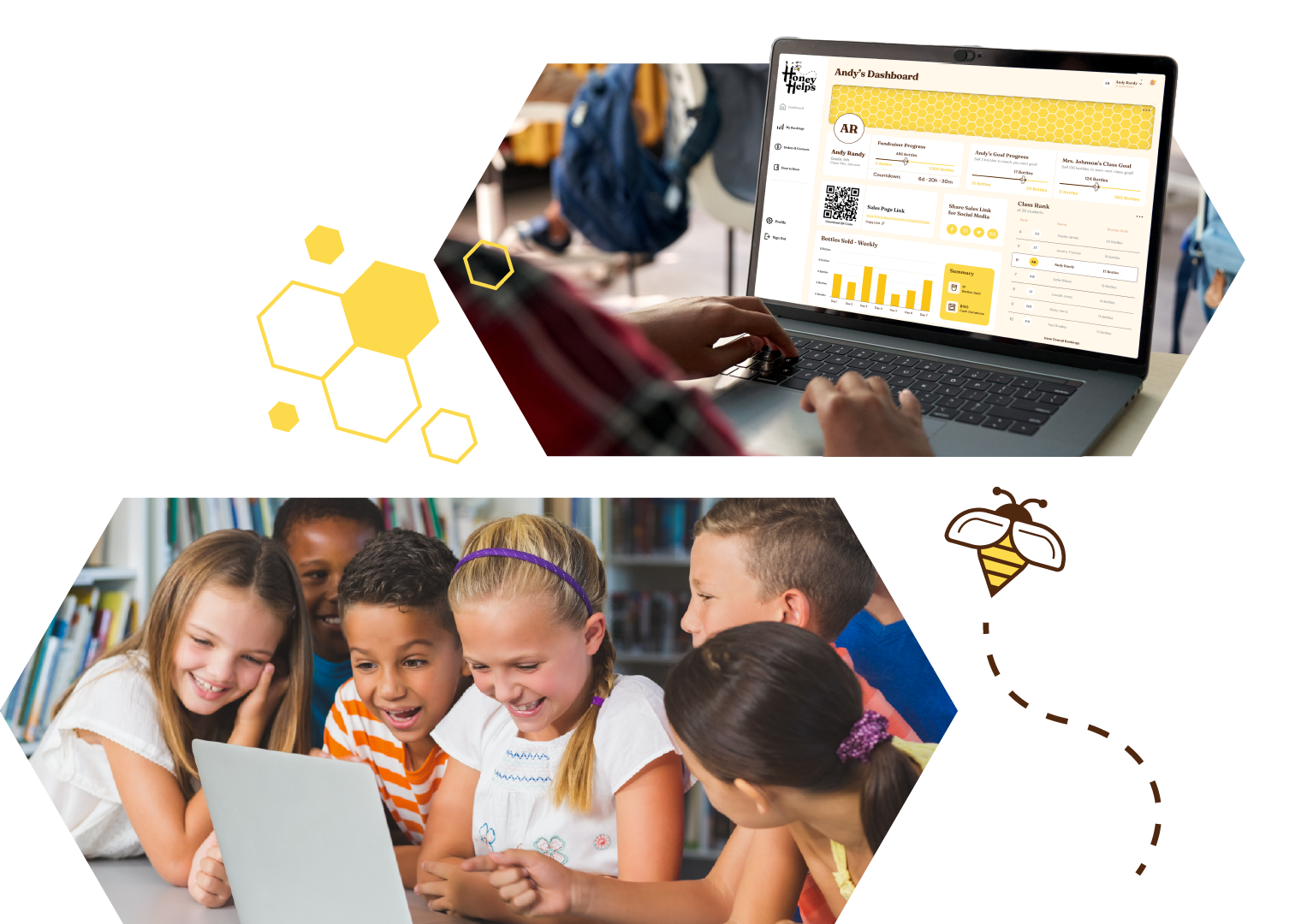 Honey Helps fundraising dashboard on a laptop with students collaborating on a computer in a school setting