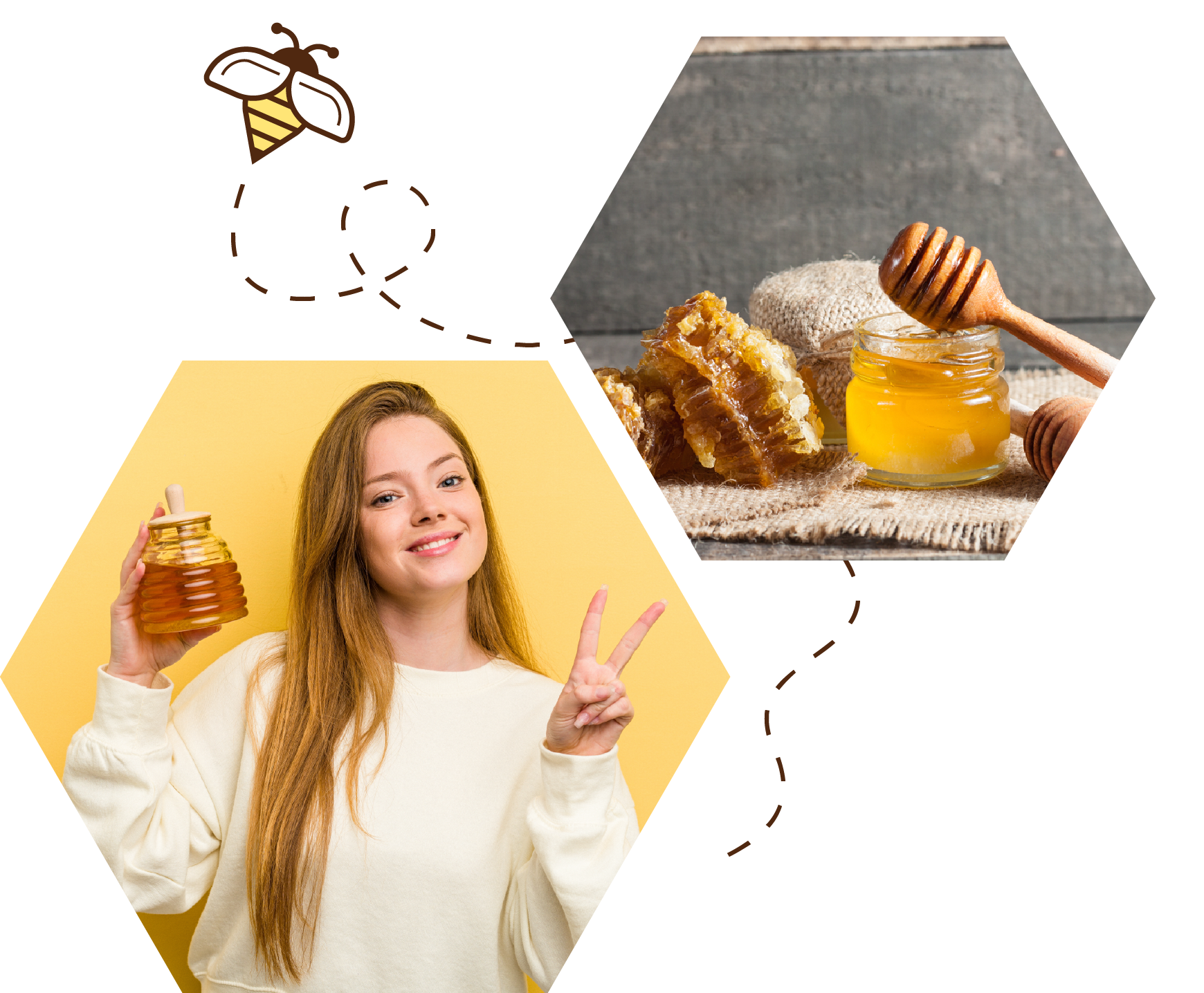 Honey-themed graphic showing a smiling girl holding a honey jar, raw honey with dipper, and bee icon