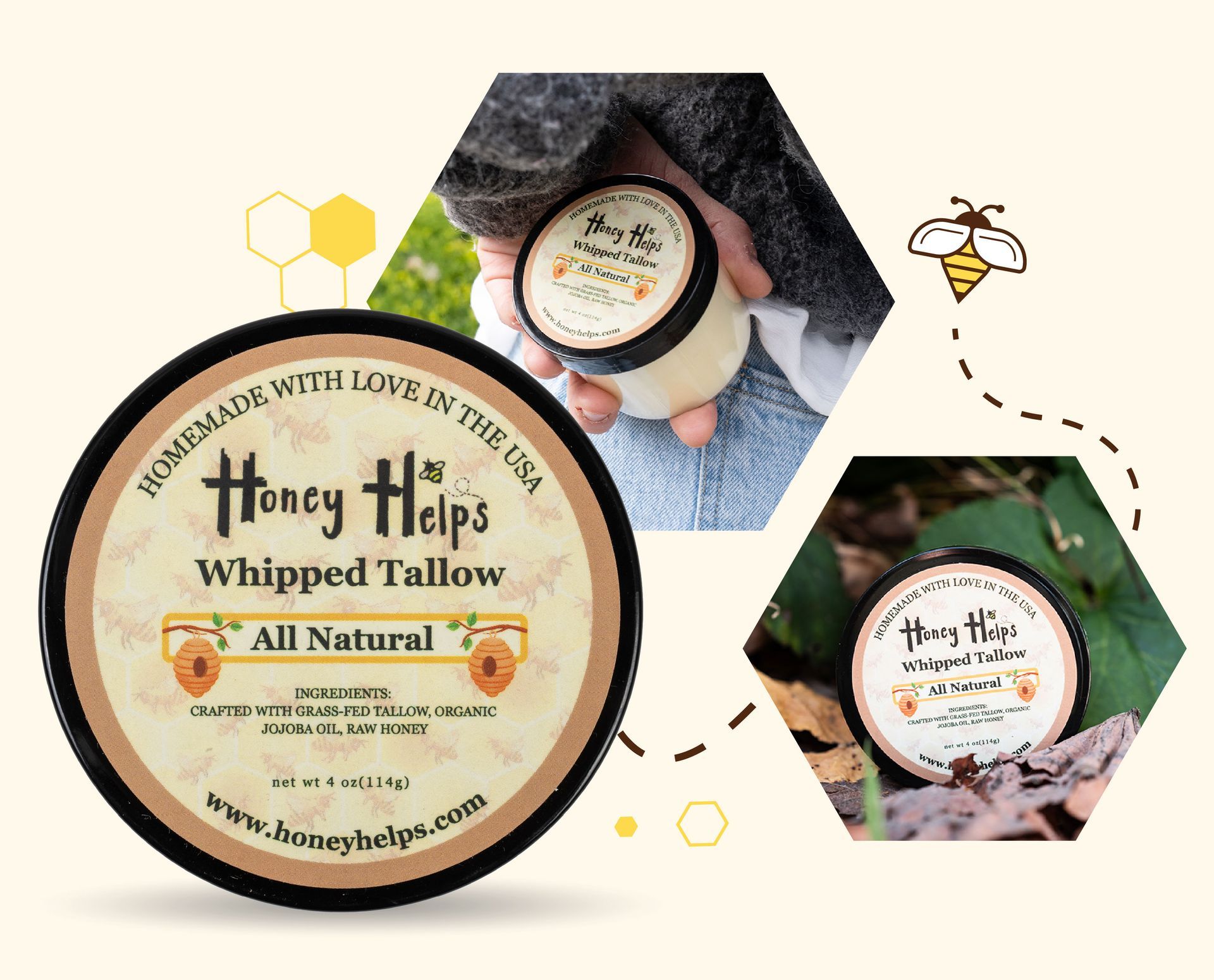 Honey Helps All Natural Whipped Tallow jar in an outdoor lifestyle collage