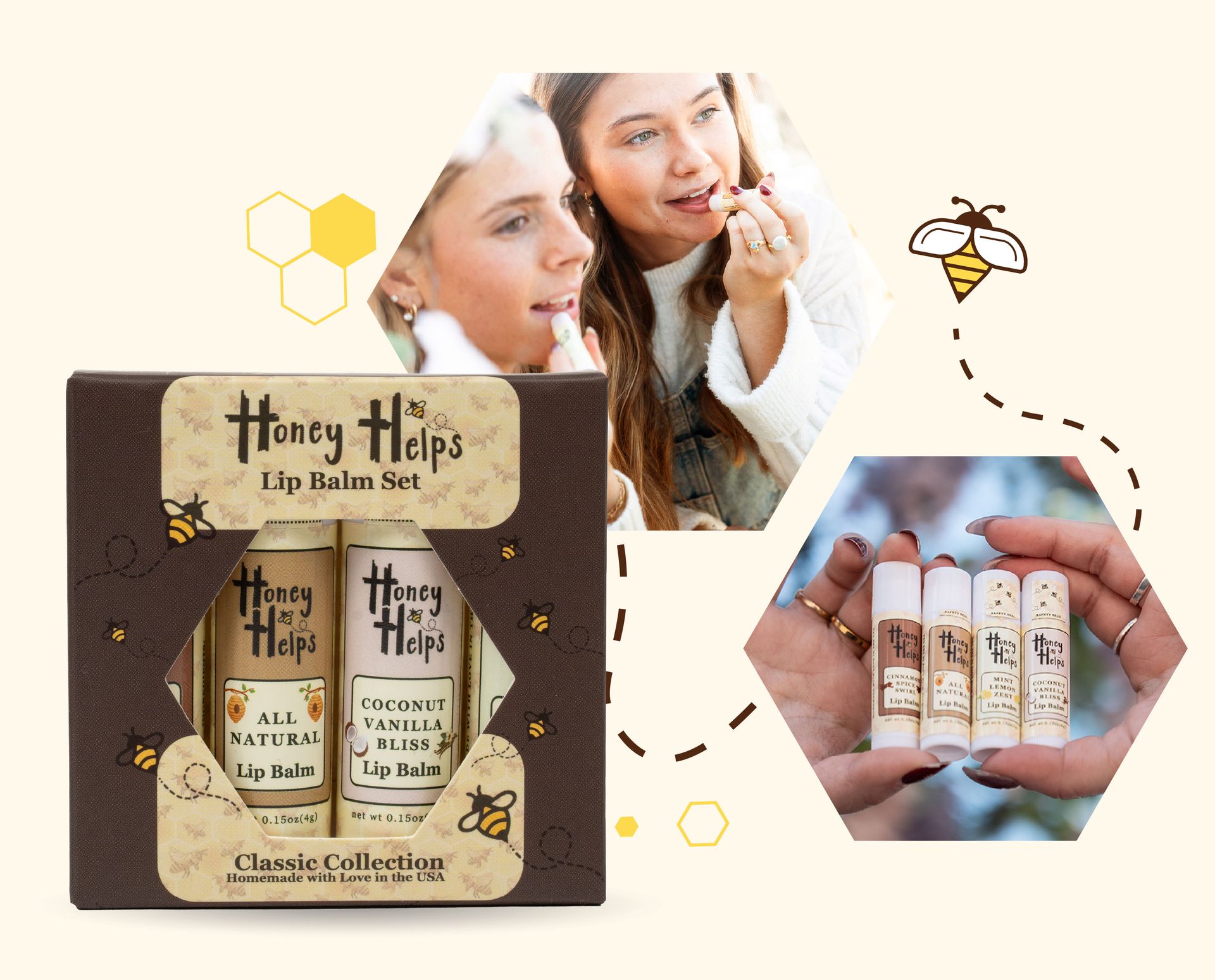 Honey Helps classic lip balm set with all natural and coconut vanilla bliss lifestyle collage display