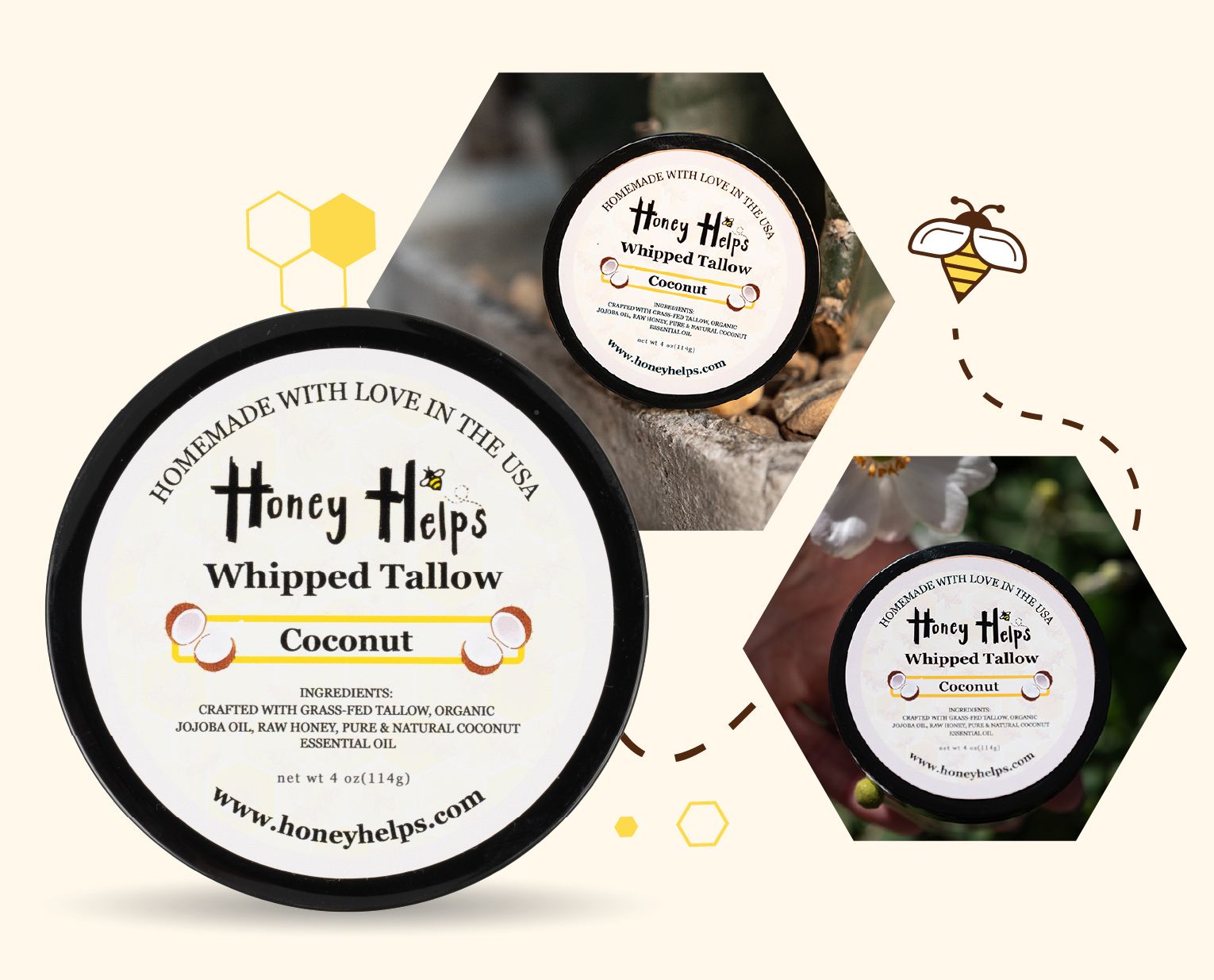 Honey Helps whipped tallow coconut balm collage with natural ingredients and lifestyle product display