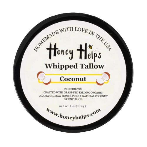 Honey Helps whipped tallow coconut balm top view isolated on white background for natural skincare display