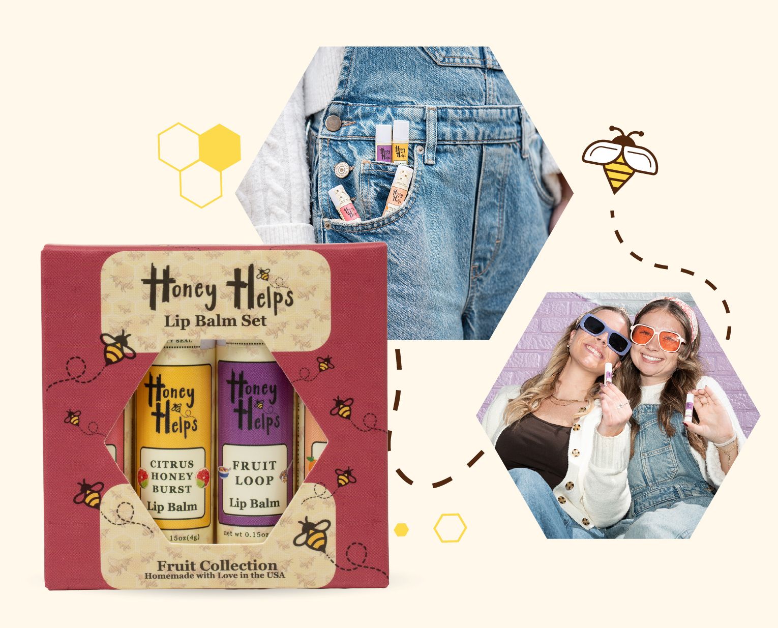 Honey Helps lip balm set with honey-infused flavors, shown with people using lip balm and bee graphics