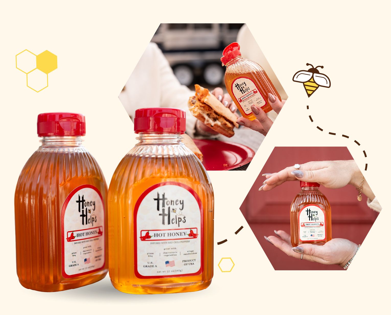 Honey Helps hot honey bottles with lifestyle shots, featuring spicy honey used on food and held in hand