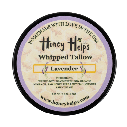 Honey Helps whipped tallow lavender balm top view isolated on white background for natural skincare product