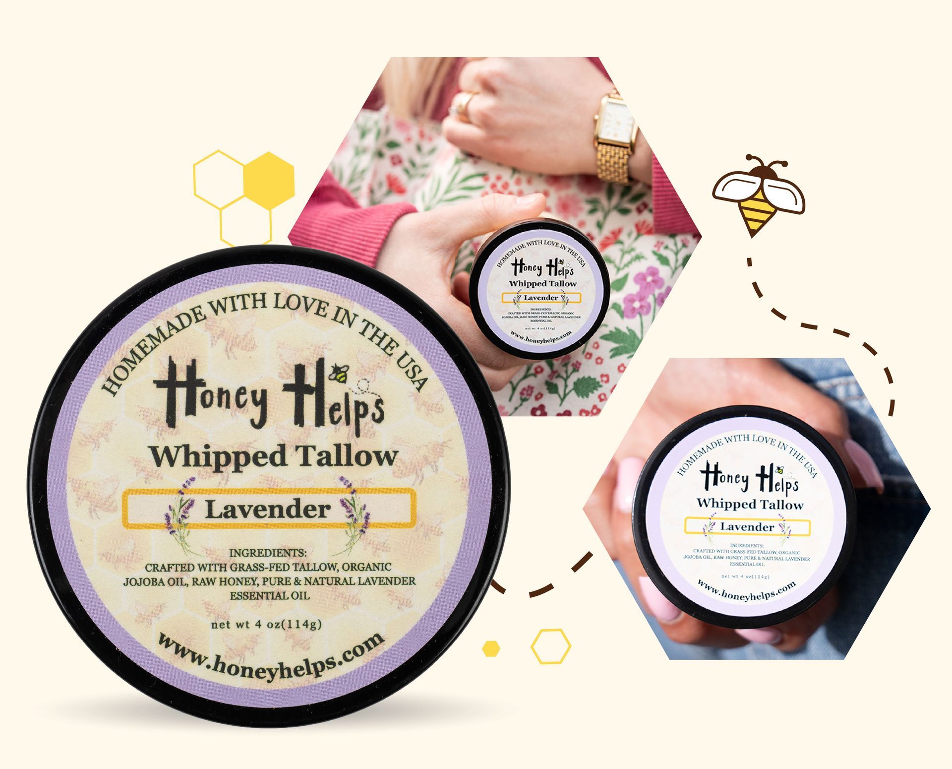 Honey Helps whipped tallow lavender balm shown in lifestyle collage with close-up product details