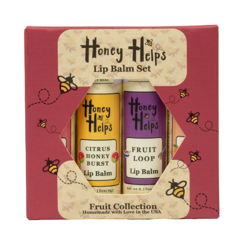 Honey Helps lip balm set with citrus honey burst and fruit loop flavors gift box display