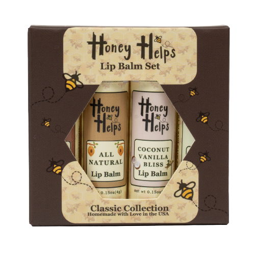 Honey Helps classic lip balm set with all natural and coconut vanilla bliss gift box display