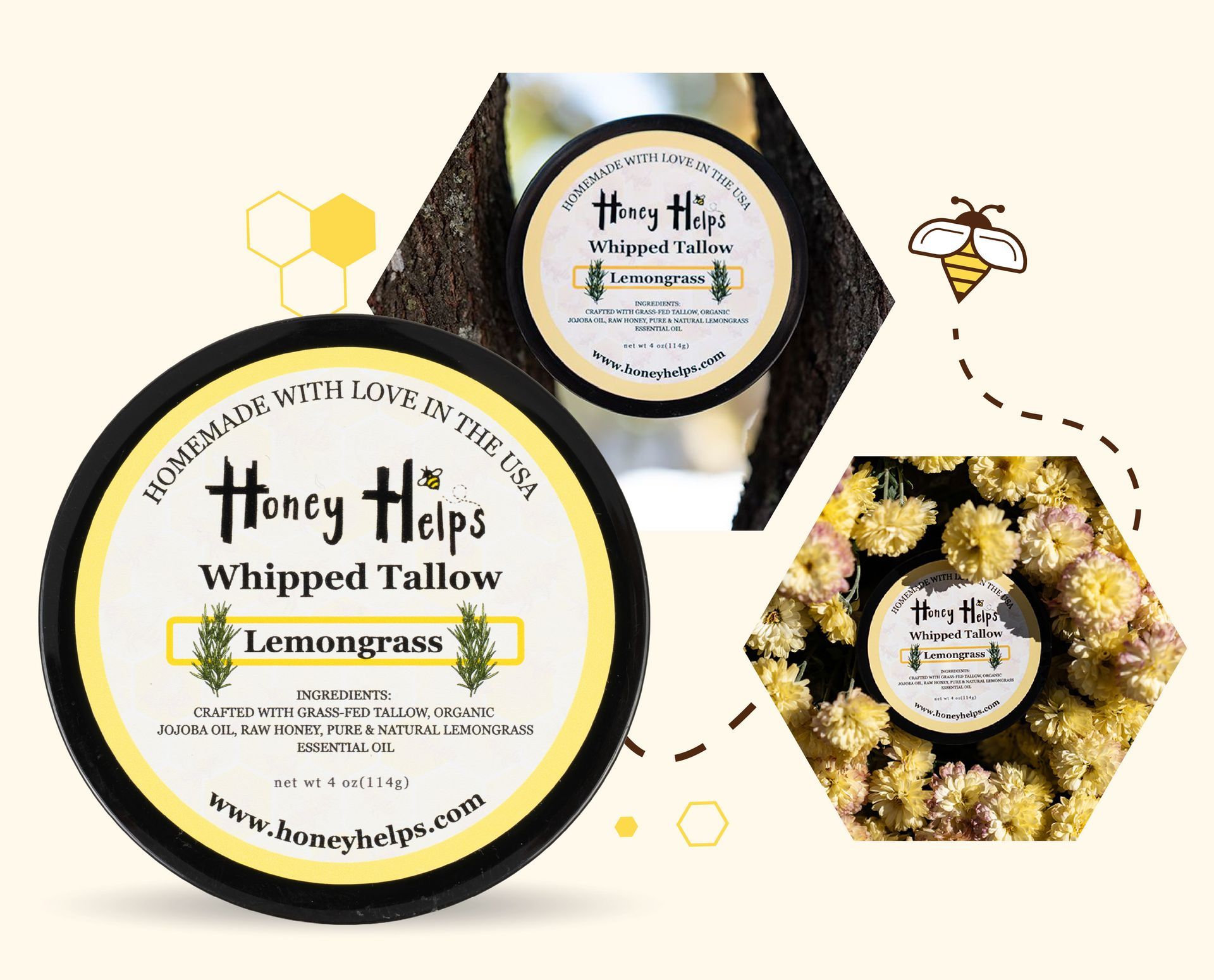 Honey Helps whipped tallow lemongrass balm collage with natural ingredients and floral background design