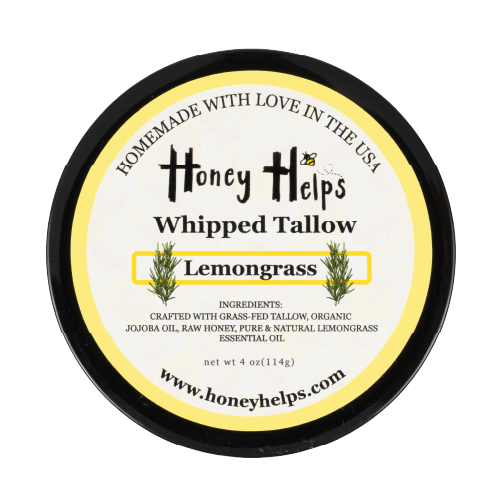 Honey Helps whipped tallow lemongrass balm top view isolated on white background for natural skincare product