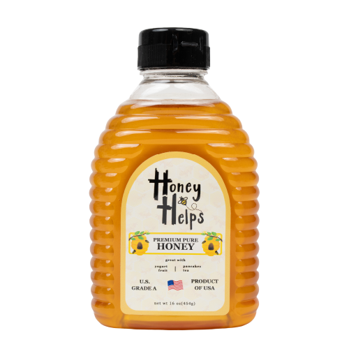 Honey Helps premium pure honey bottle isolated on white background for natural raw honey product display