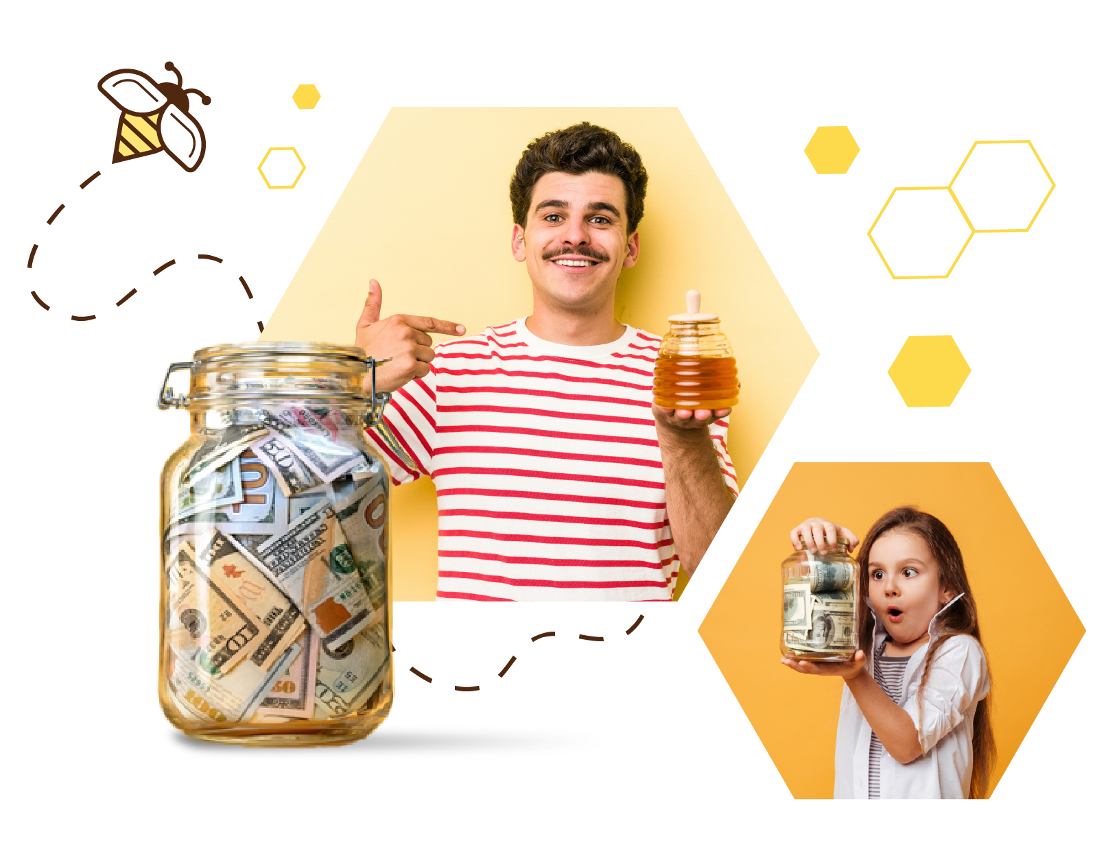 Man and child holding honey jars with money savings concept and honeycomb graphic design on black background