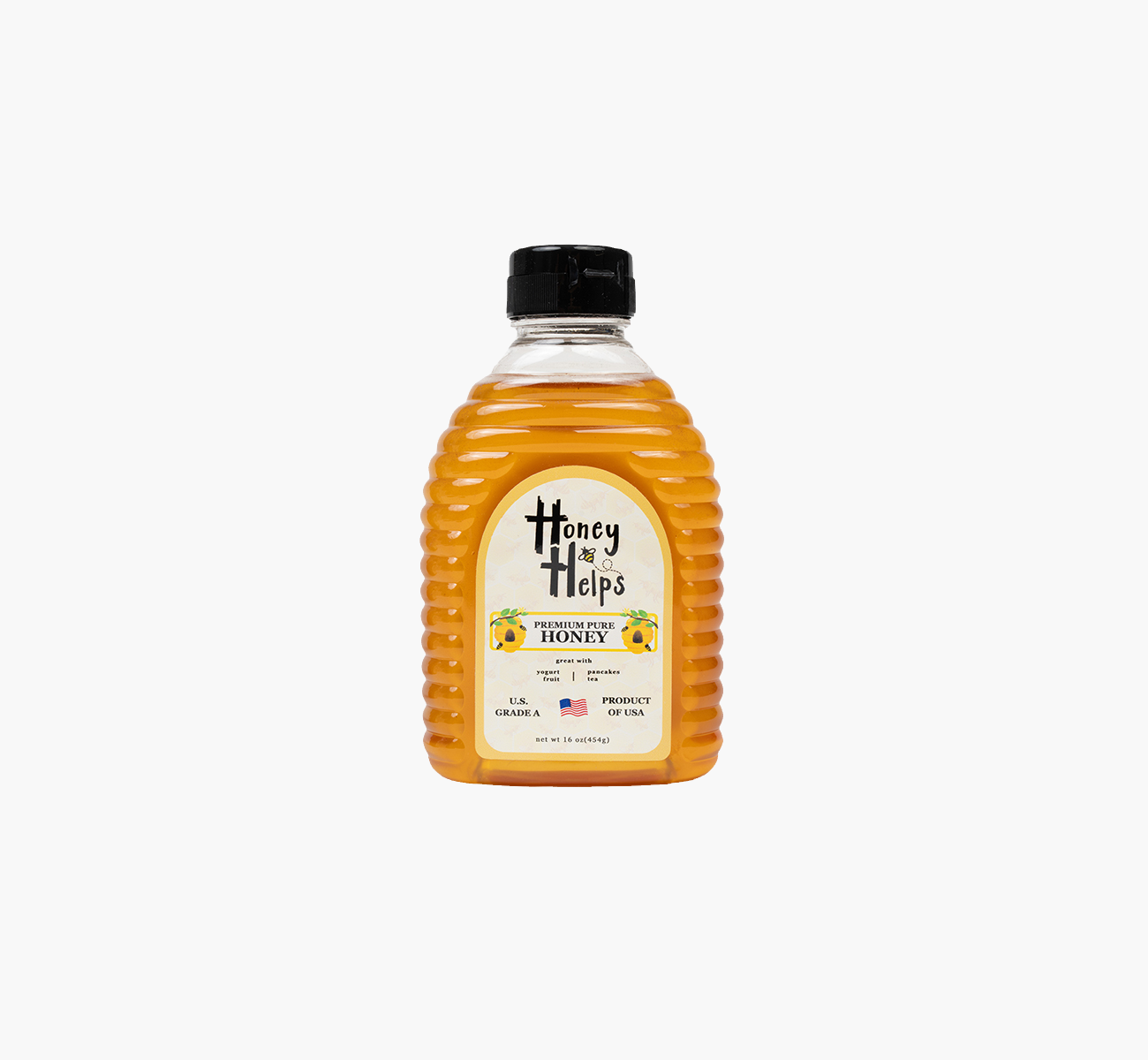 Honey Helps premium pure raw honey bottle, U.S.-sourced Grade A honey in a squeeze bottle