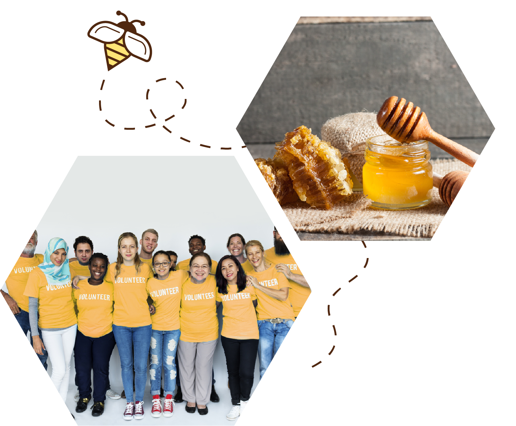 Honey and community fundraising graphic featuring raw honey, honeycomb, and smiling volunteers in yellow shirts