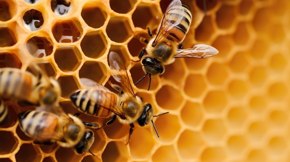 Bees on a honeycomb. Honeycomb is yellow-orange. Bees have black and brown stripes.