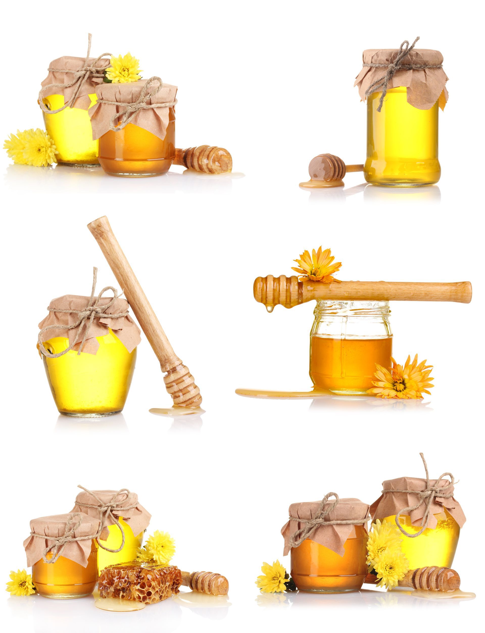 Collage of six glass jars filled with golden honey, each styled with rustic lids, honey dippers, yellow flowers, and honeycomb pieces on a white background.