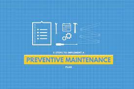 Blueprint-style graphic with checklist, calendar, gears, and “Preventive Maintenance” title on blue background