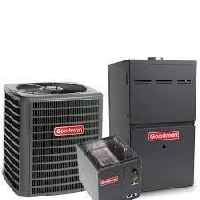 Goodman HVAC system with outdoor condenser, furnace, and evaporator coil unit on white background