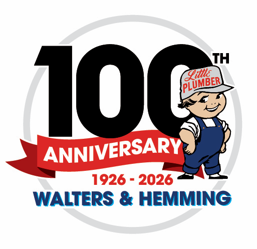 100th anniversary logo for Walters & Hemming with Little Plumber mascot and dates 1926-2026