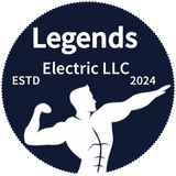 Dark navy circular logo for Legends Electric LLC with white flexing figure and ESTD 2024 text
