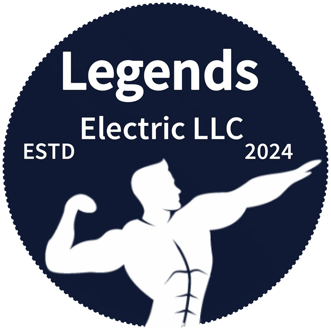 Dark navy circular logo for Legends Electric LLC with white flexing figure and ESTD 2024 text