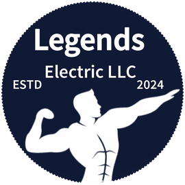 Dark navy circular logo reading &ldquo;Legends Electric LLC,&rdquo; with white flexing silhouette and &ldquo;ESTD 2024.&rdquo;