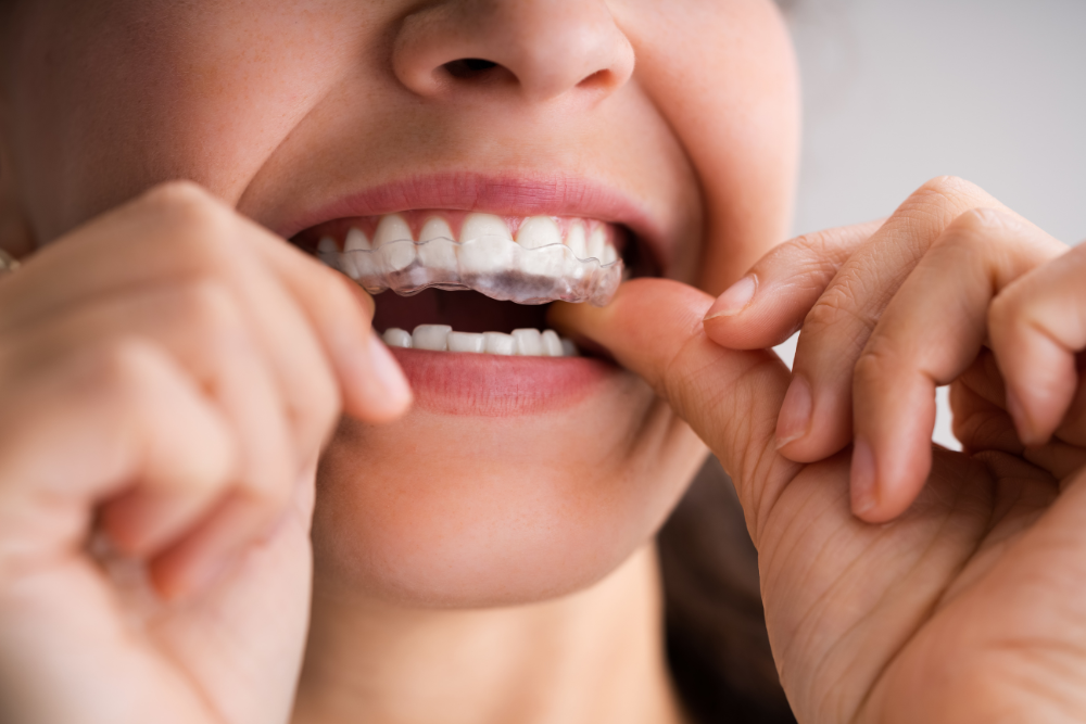 A woman is putting invisible braces on her teeth.
