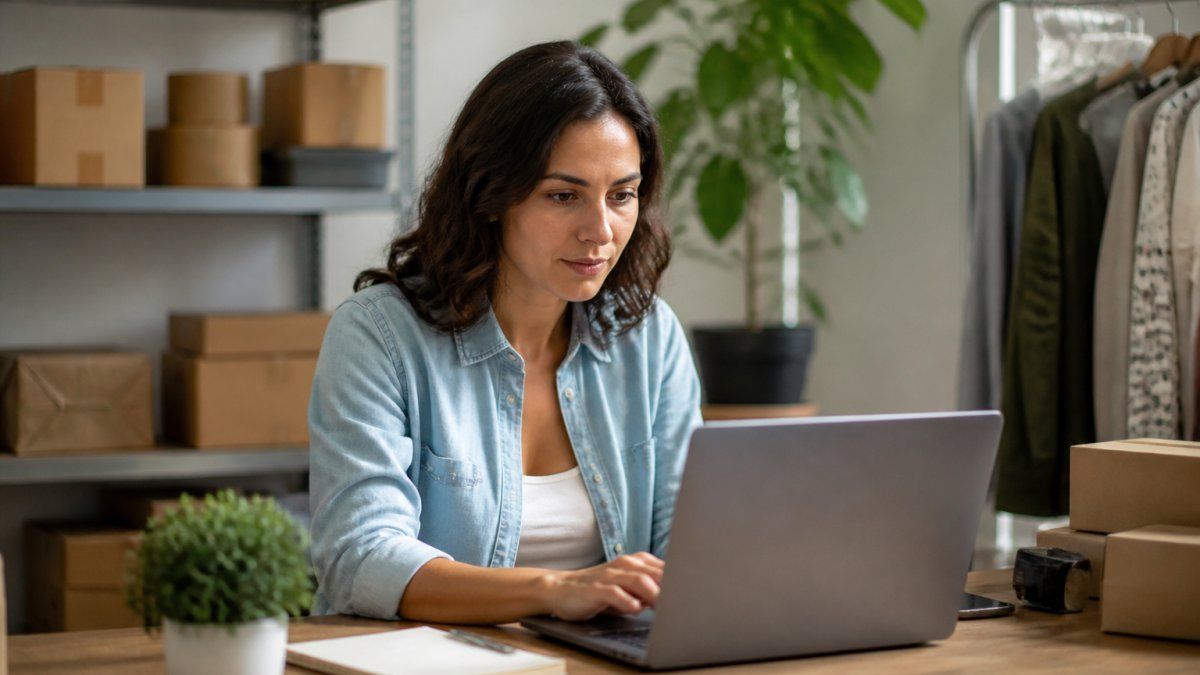 A small business owner reviewing email campaign analytics on a laptop in a bright home office, with product boxes stacked on shelves behind her