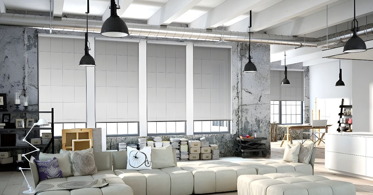 White furniture fills a modern living room with abundant natural light from numerous windows.