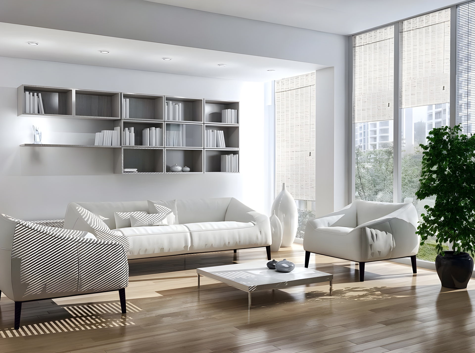 Minimalist living room showcasing white furniture and a sizable window enhanced by wood woven shades.