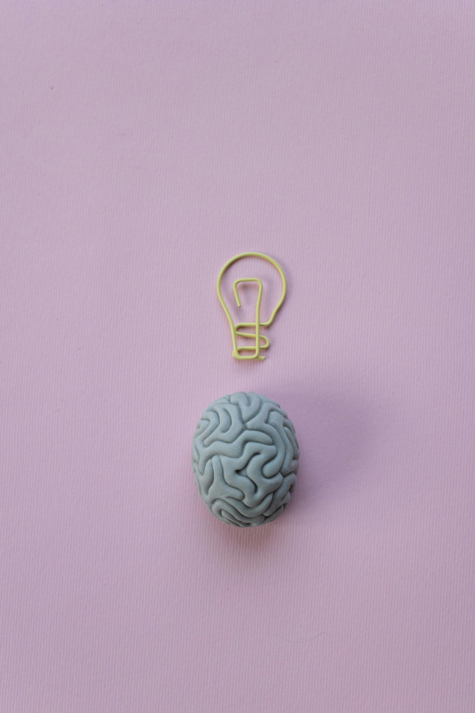 A brain and a light bulb on a pink background.