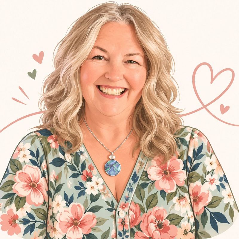 Illustrated portrait of Leah, smiling, in a floral top