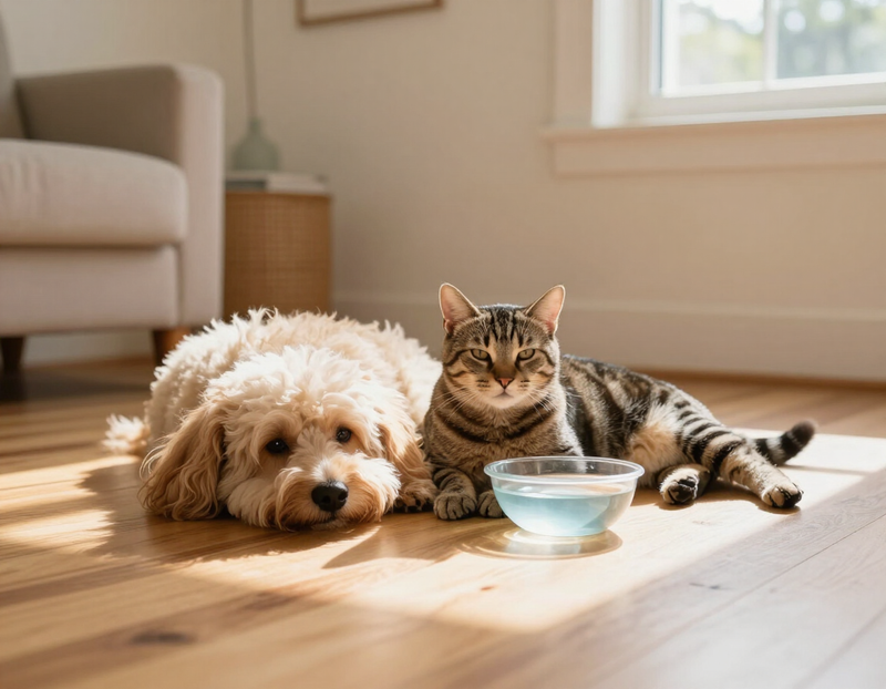 A small dog and a cat resting together in a sunny living room