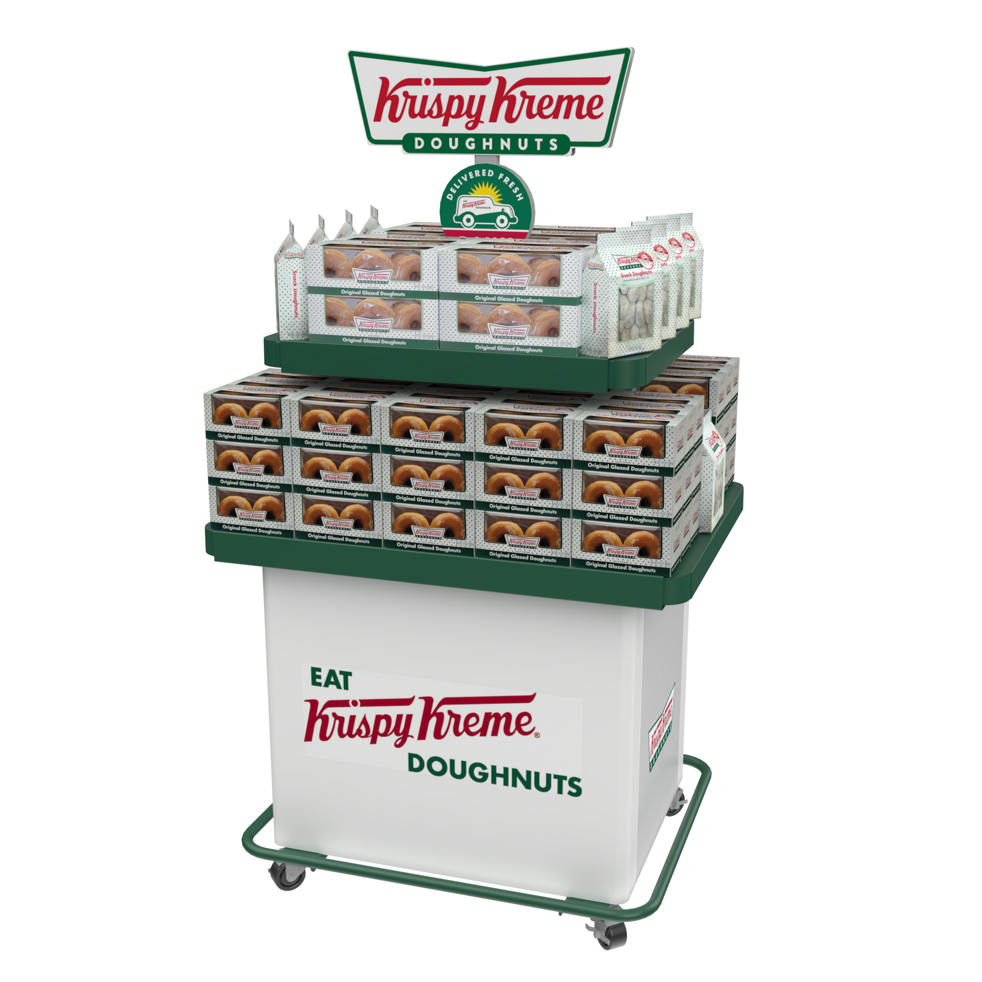 A display table with casters, stacked with doughnut boxes and a 3d sign at top