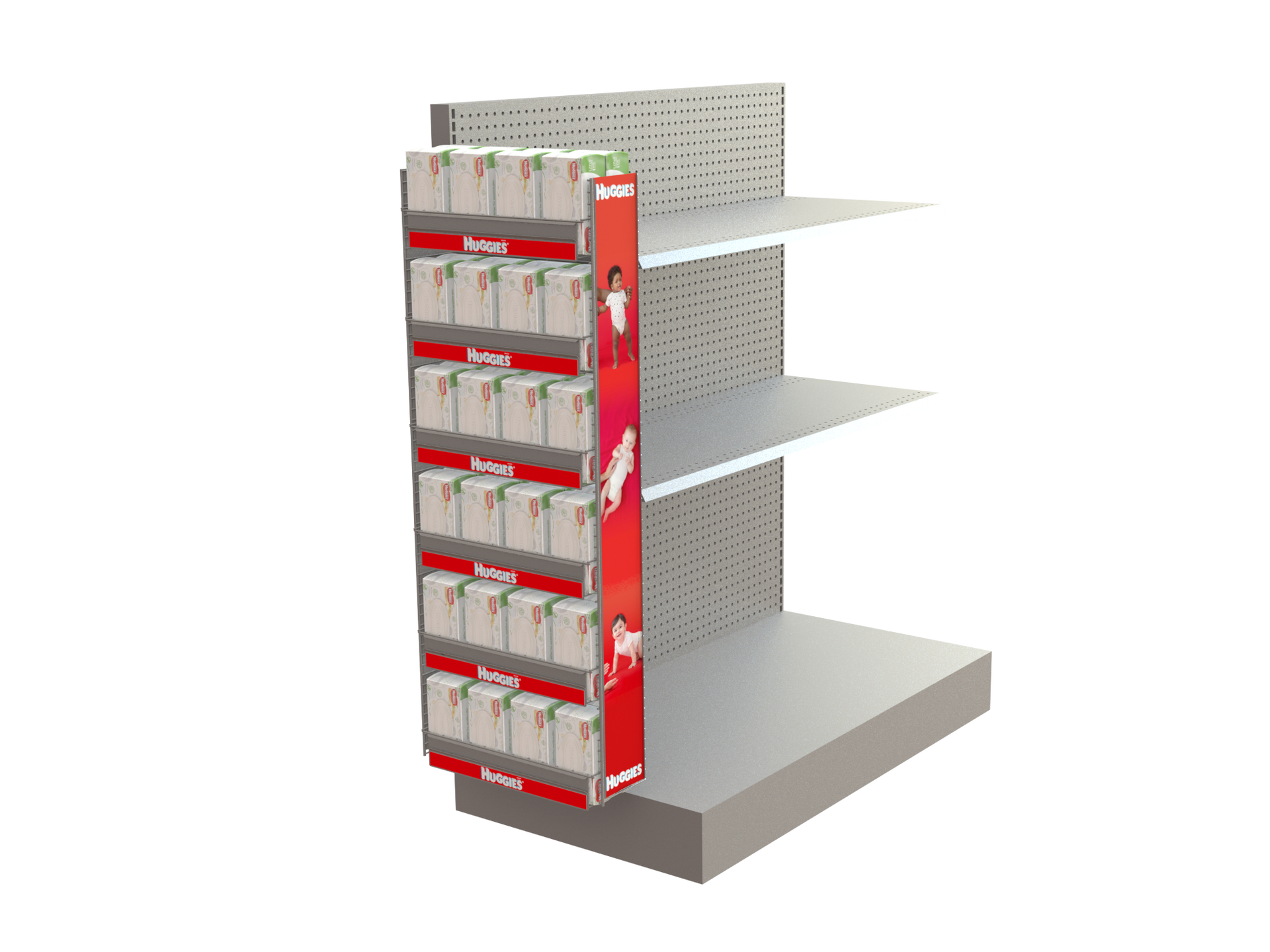 A 3d model of an empty shelf in a store.