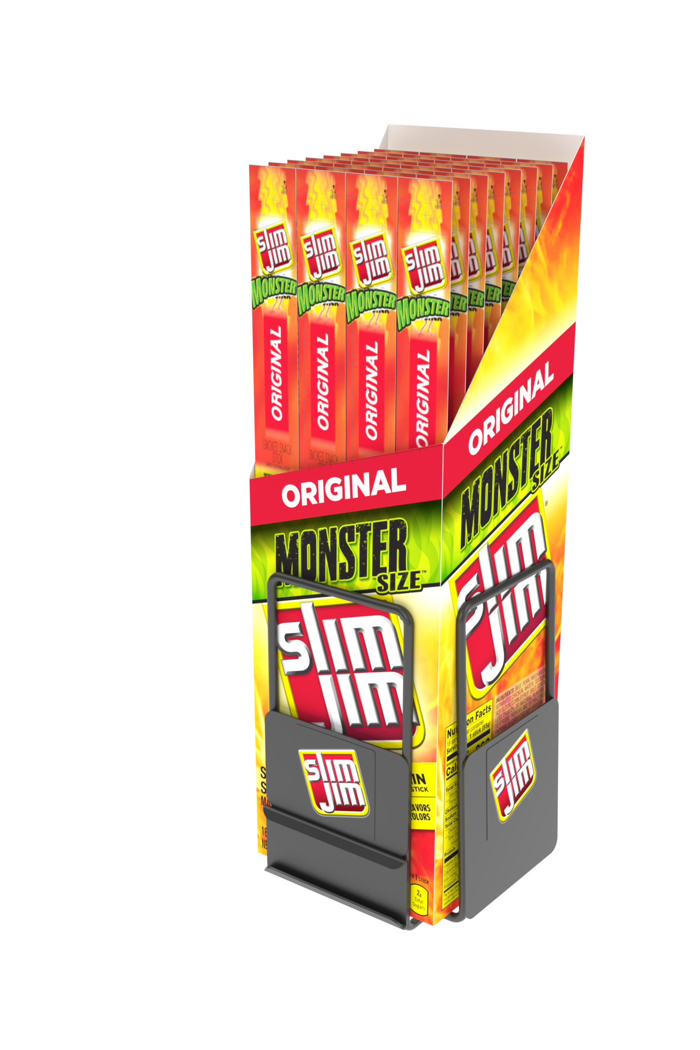 A display of slim jim sticks in a box on a white background.