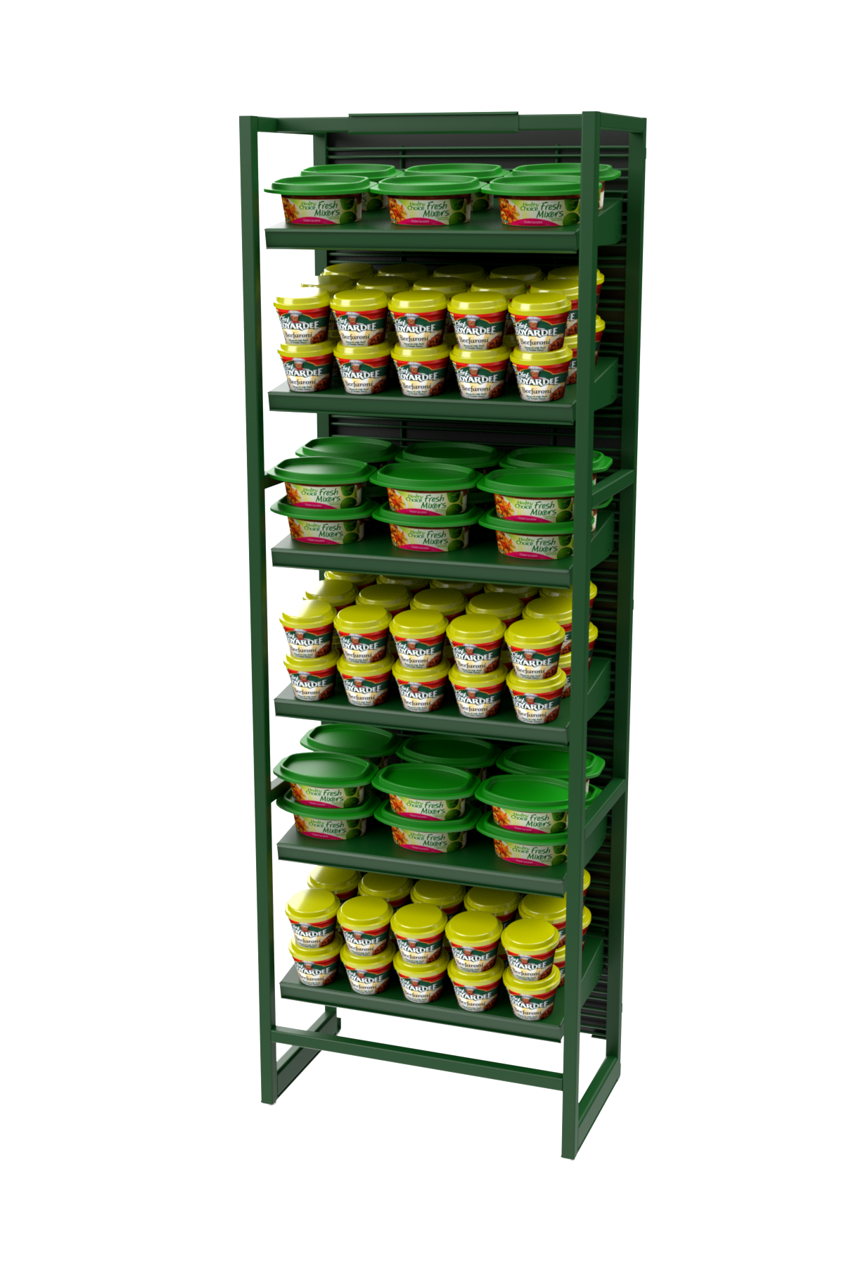 A green shelf filled with jars of food on a white background.