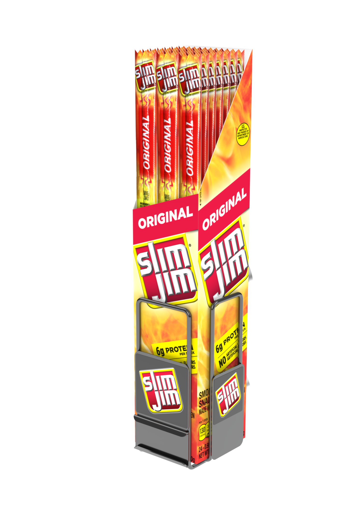 A display of slim jims sticks in a display case.