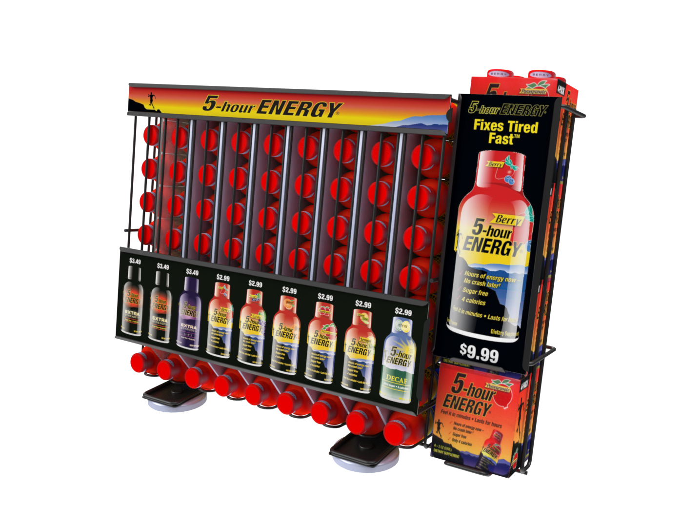A display of energy drinks on a white background.