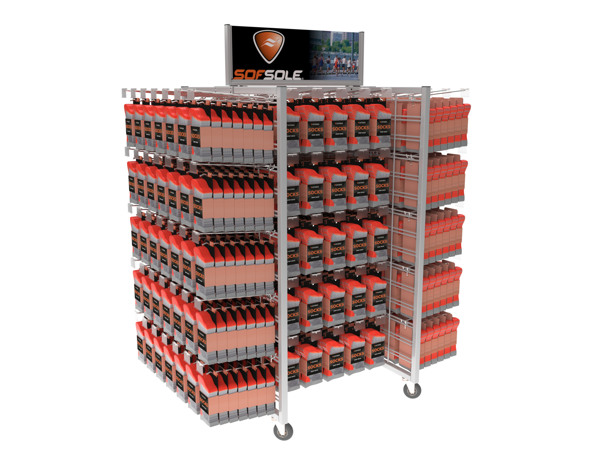 A display rack filled with a variety of products including gloves
