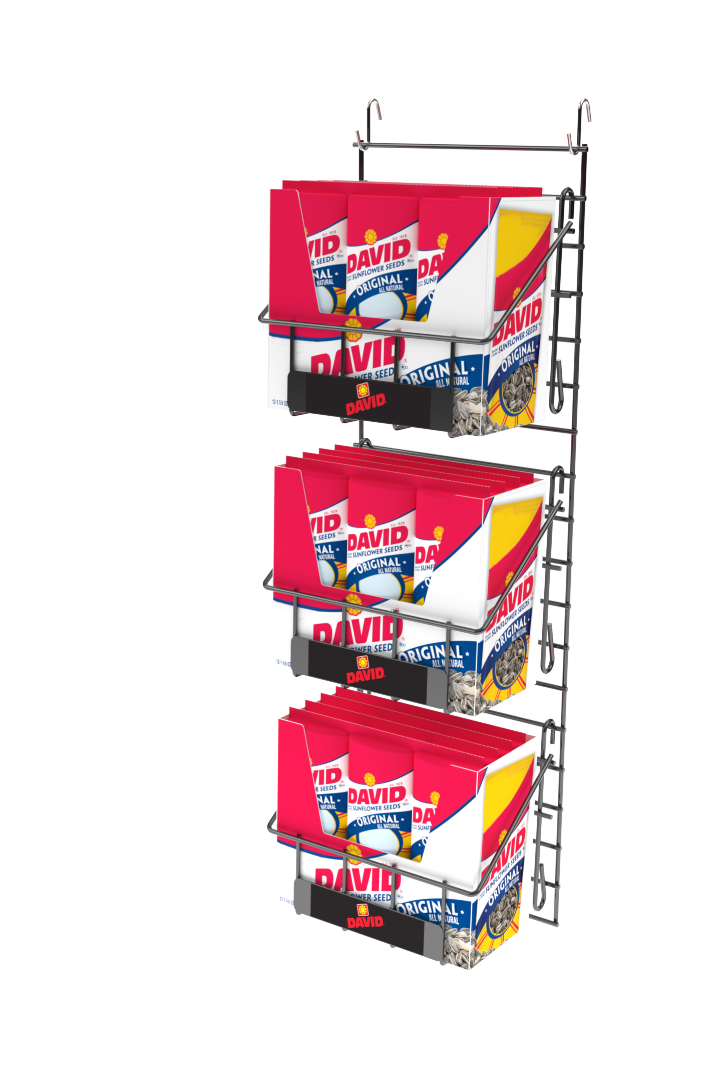 A display rack filled with boxes of wipes on a white background.
