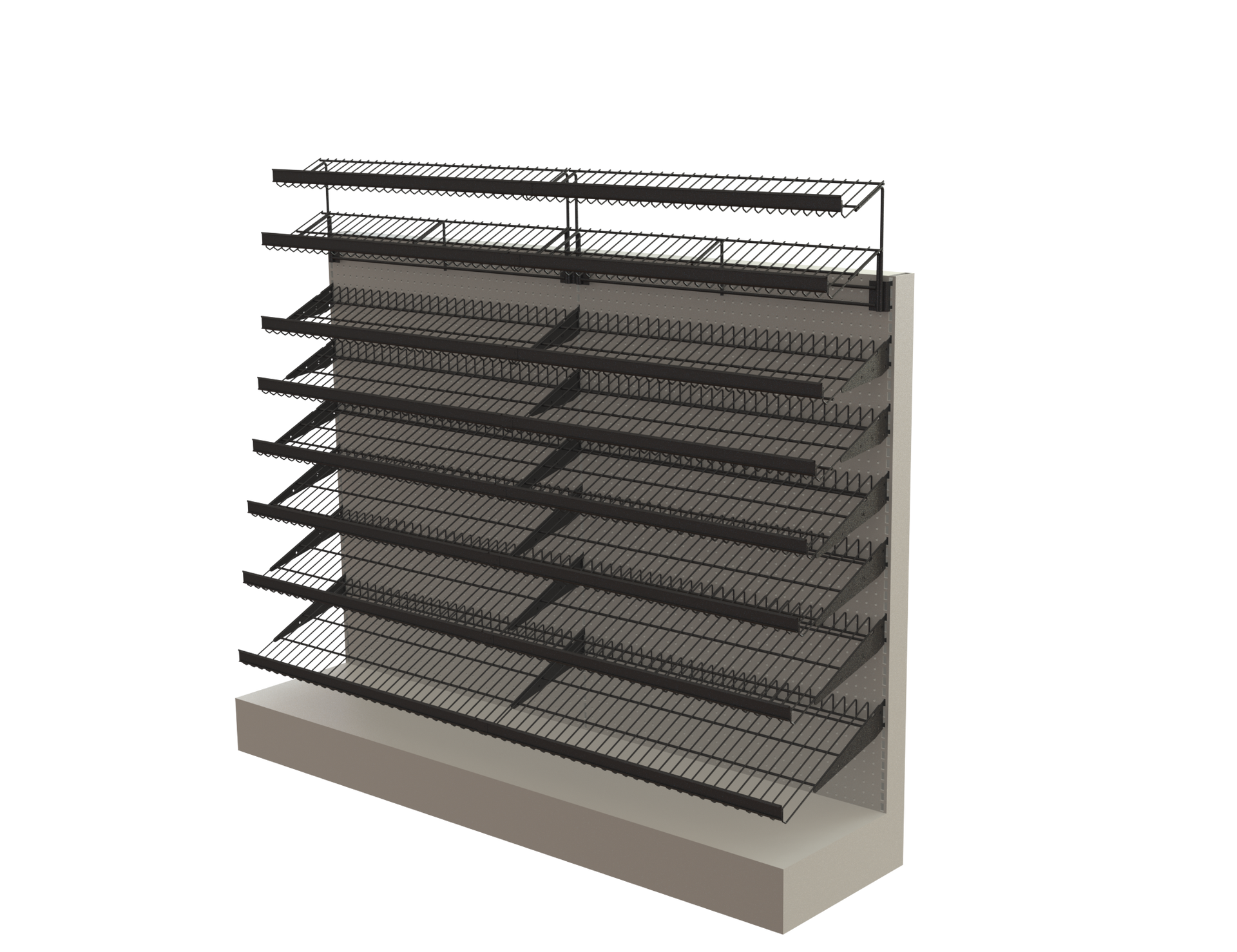 A 3d model of a store shelf with lots of shelves.
