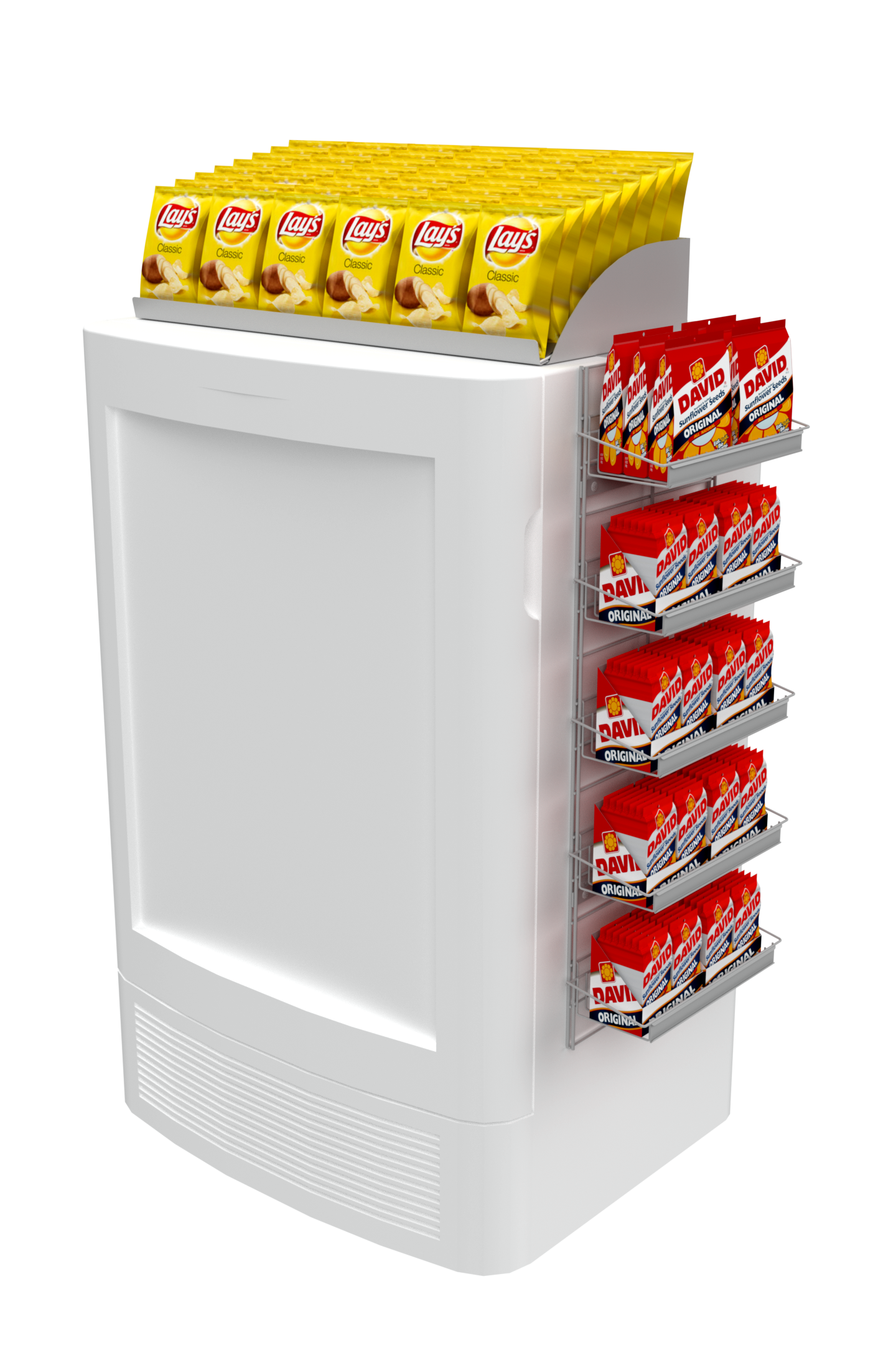 A white refrigerator with a shelf filled with bags of chips.