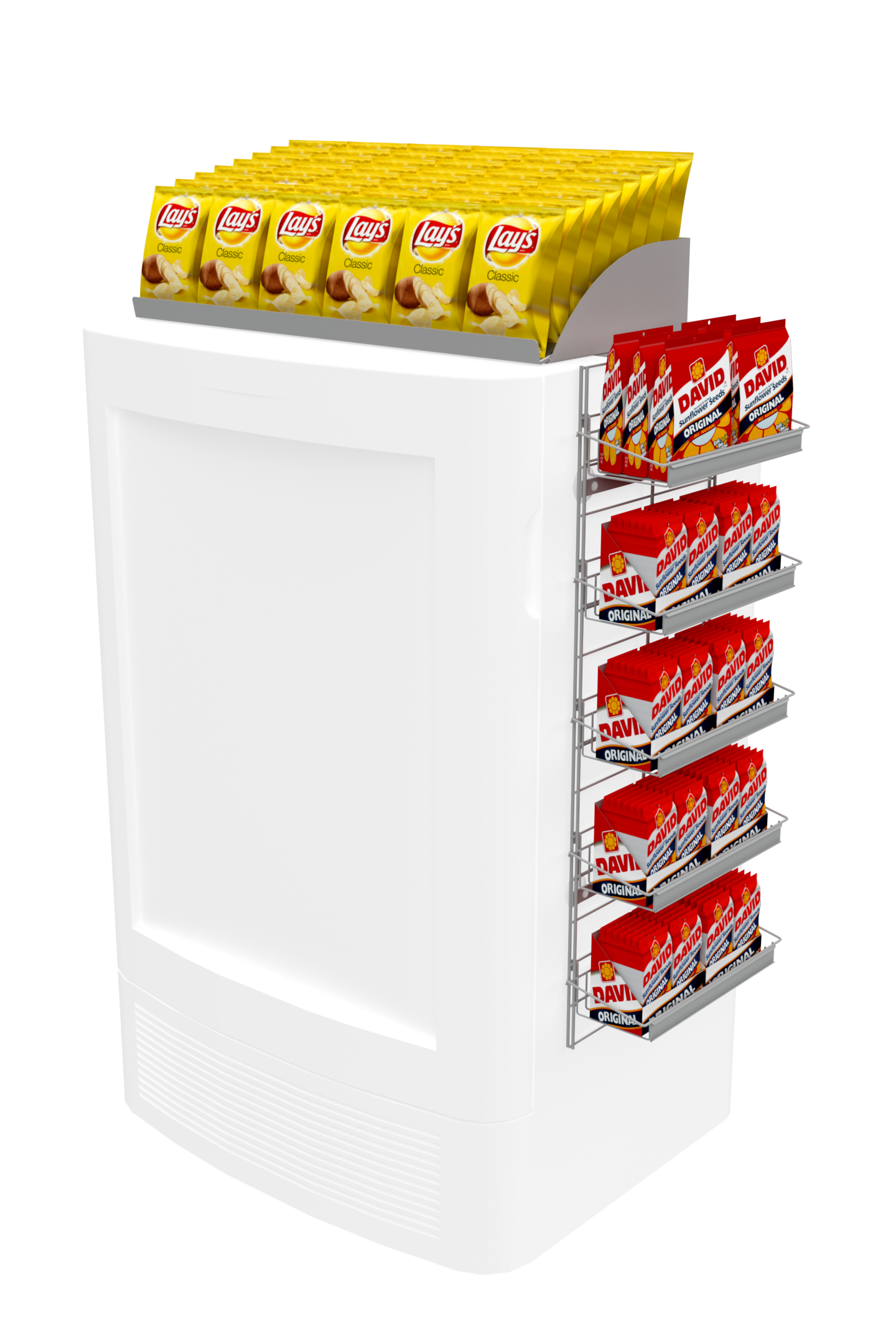 A display case filled with potato chips on a white background.