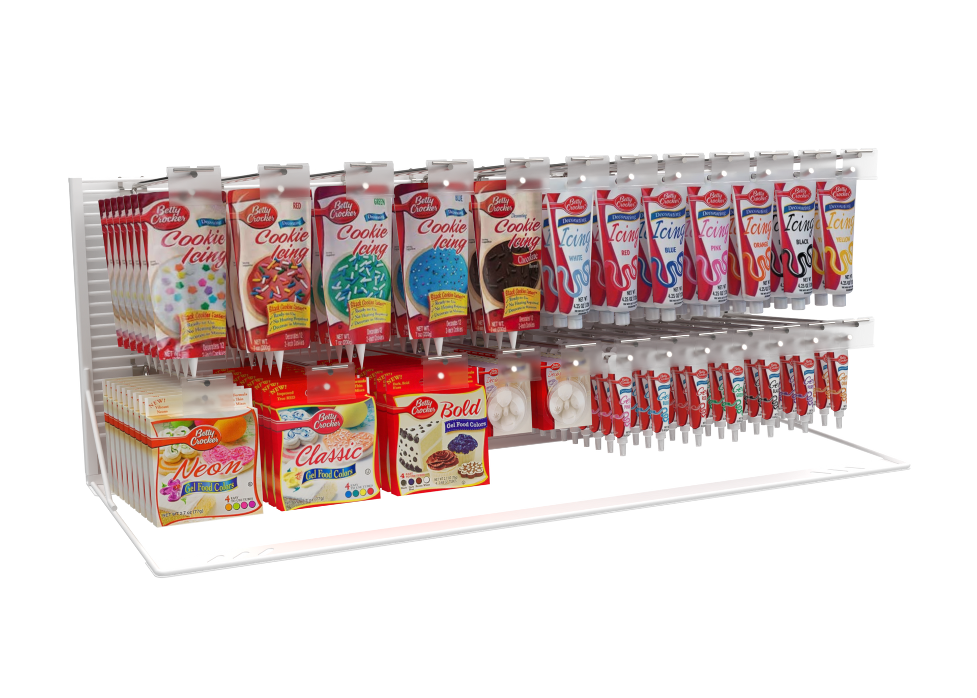 Cake decorating products on a wire display fixture