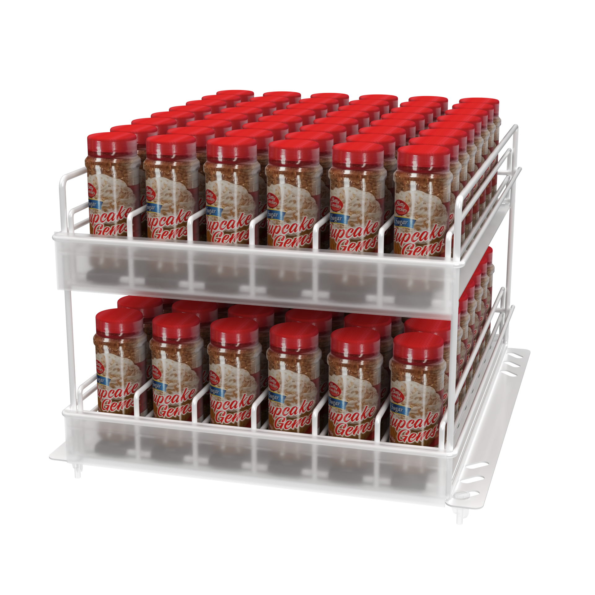 a 2-tier wire display with product pushers