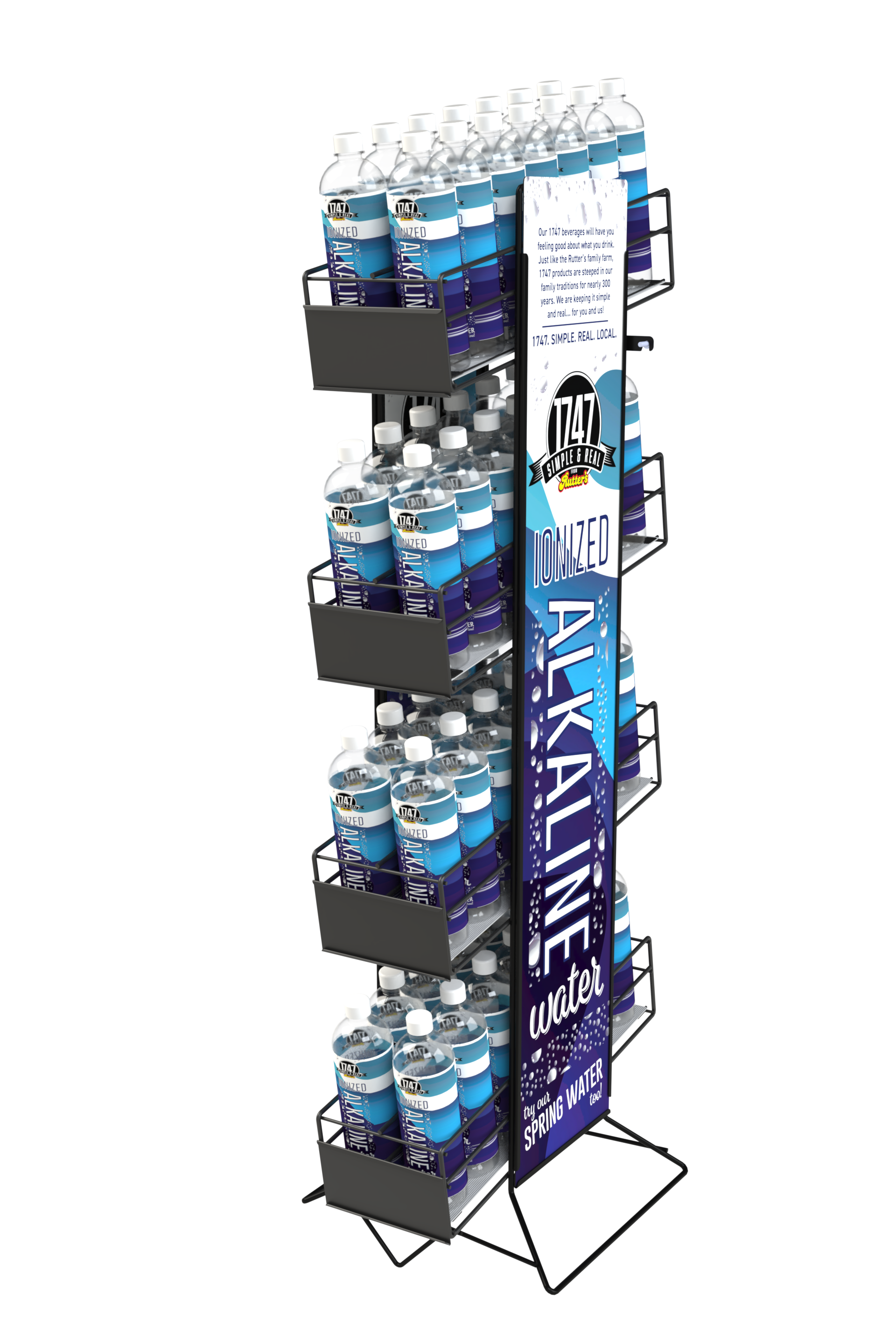 A display rack filled with bottles of alkaline water.