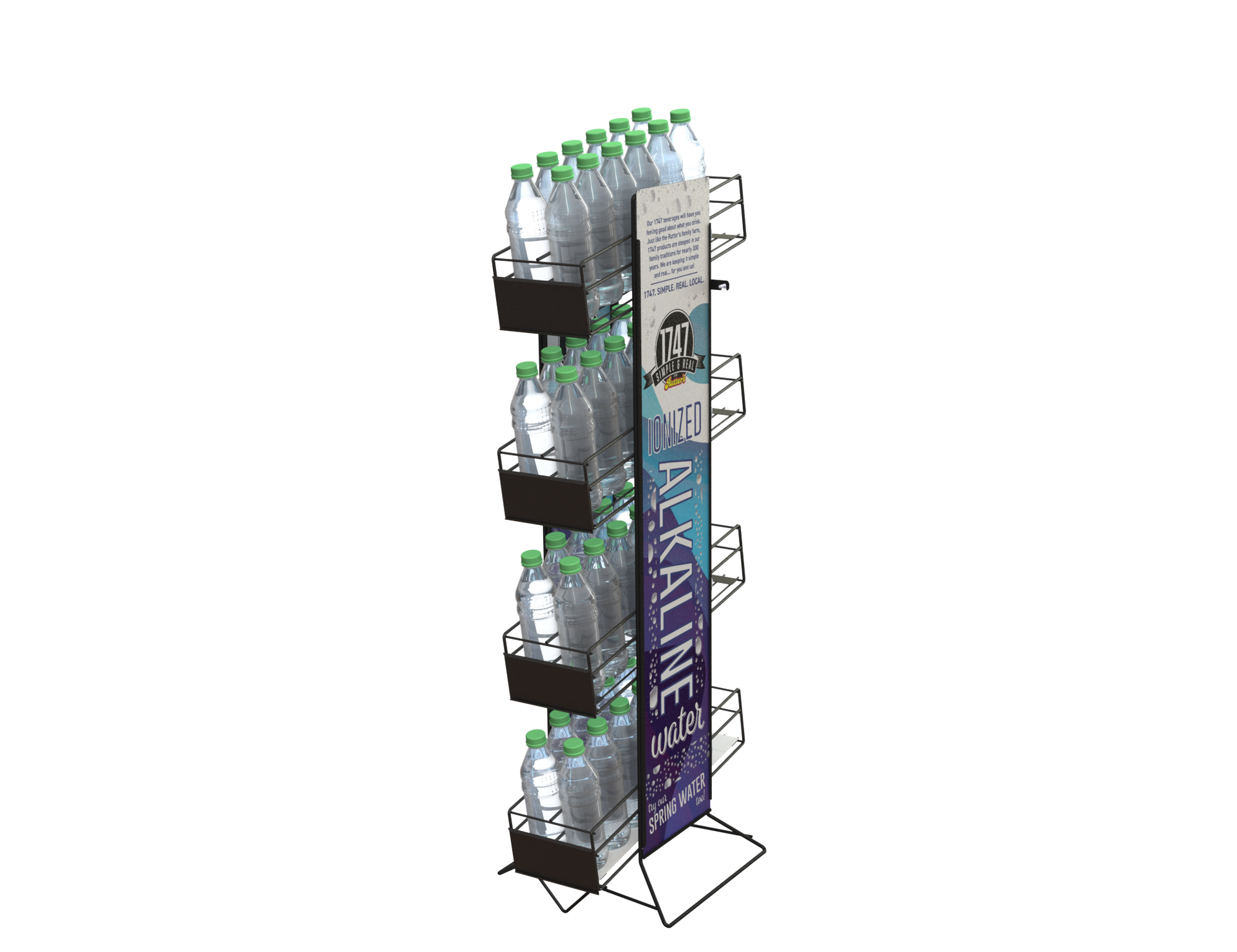 A display rack filled with bottles of water on a white background.
